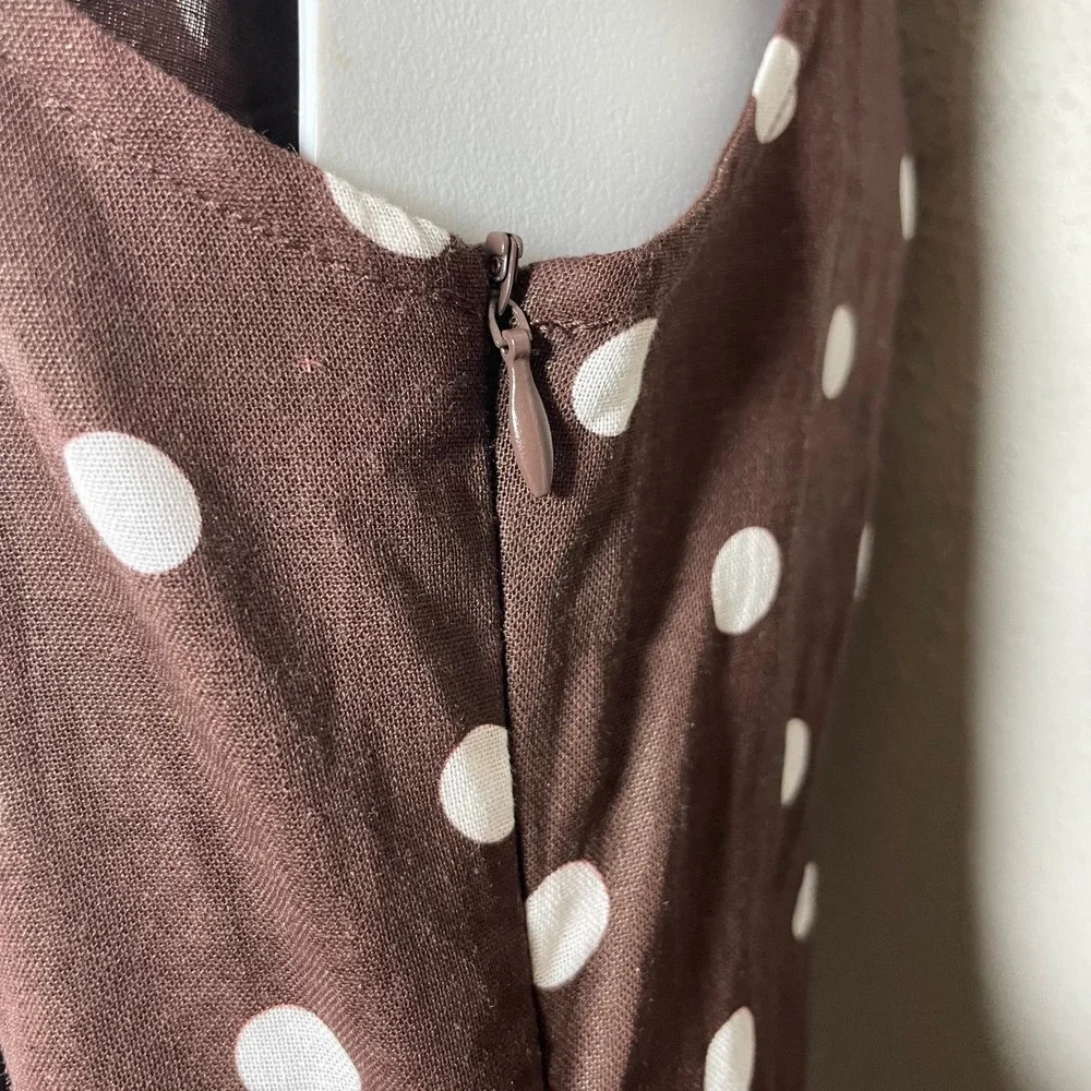 Linen Vibes Polka Dot Midi Dress Women M Brown Rockabilly Feminine Sleeveless - Picture 6 of 11